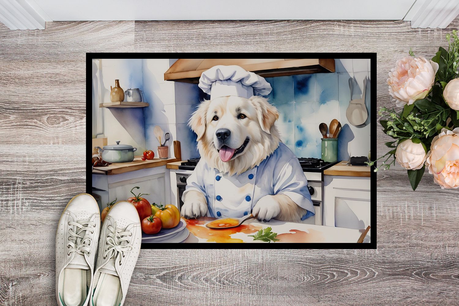 Great Pyrenees The Chef Doormat Front Door Mat Indoor Outdoor Rugs for Entryway, Non Slip Washable Low Pile, 24H X 36W