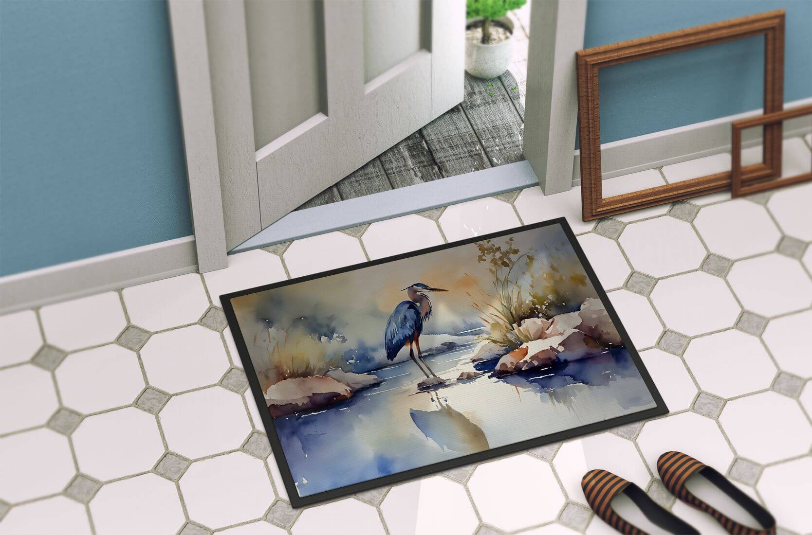 Blue Heron Doormat Front Door Mat Indoor Outdoor Rugs for Entryway, Non Slip Washable Low Pile, 24H X 36W