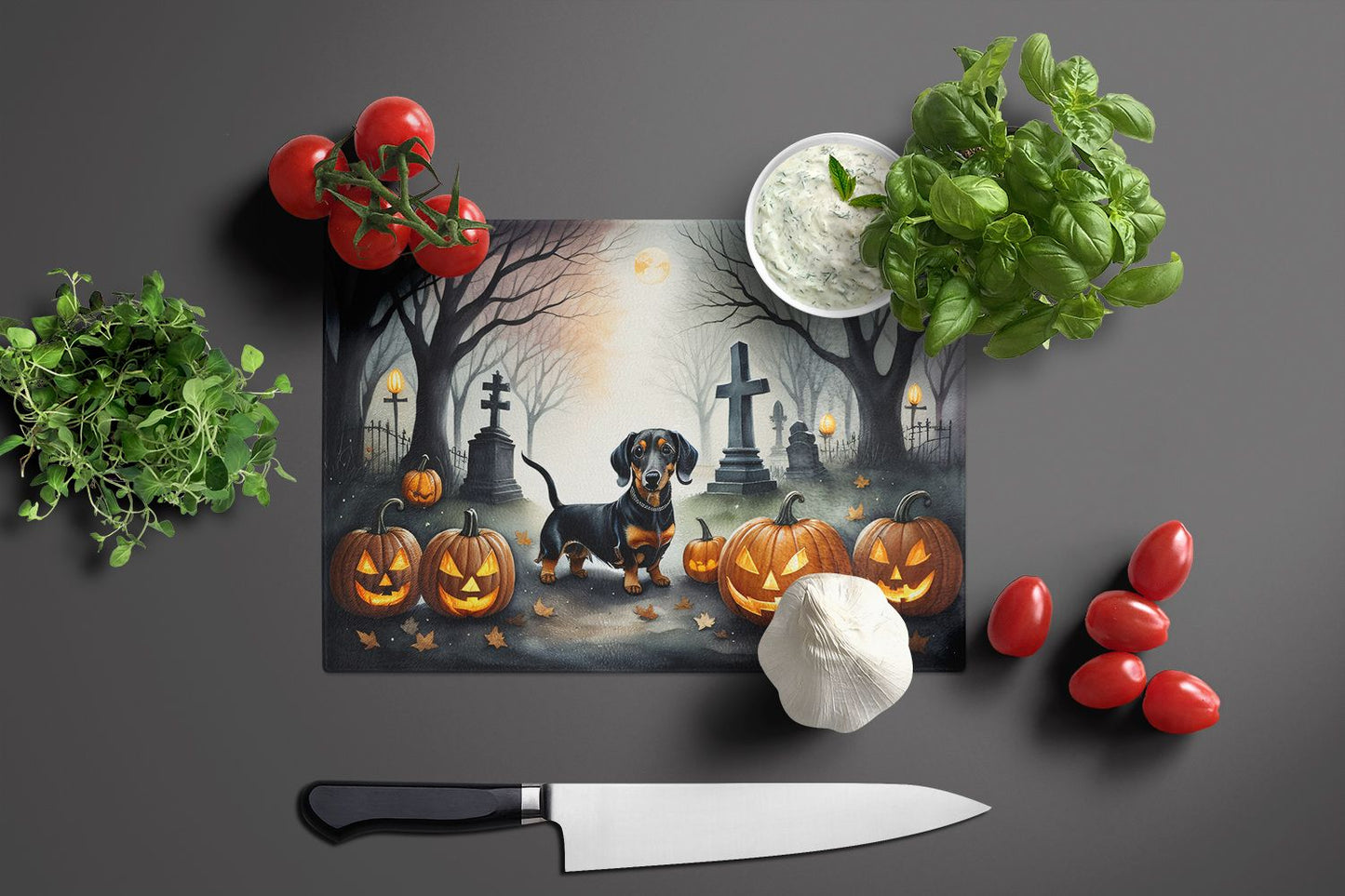 NEW Dachshund Spooky Halloween Glass Cutting Board Decorative Tempered Glass Kitchen Cutting and Serving Board Large Size Chopping Board