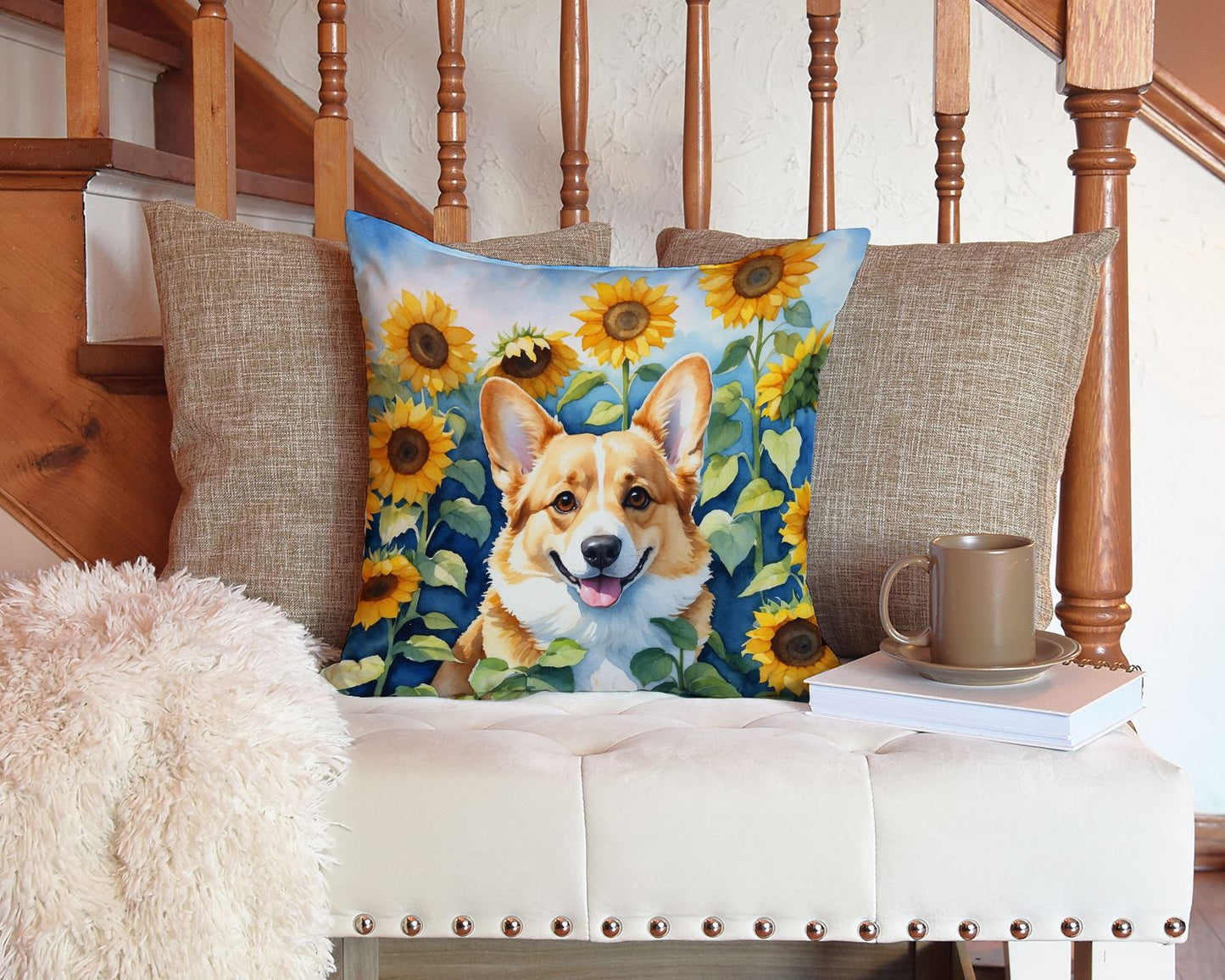 Corgi in Sunflowers Throw Pillow Machine Washable, Indoor Outdoor Decorative Pillow for Couch, Bed or Patio, 14Hx14W