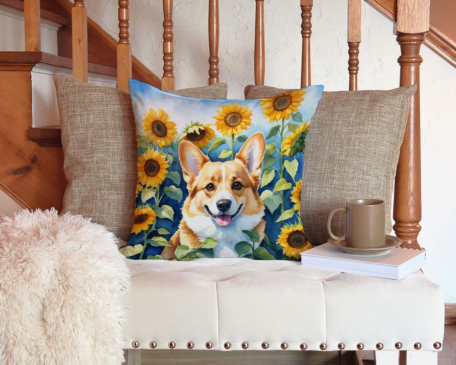 Corgi in Sunflowers Throw Pillow Machine Washable, Indoor Outdoor Decorative Pillow for Couch, Bed or Patio, 14Hx14W