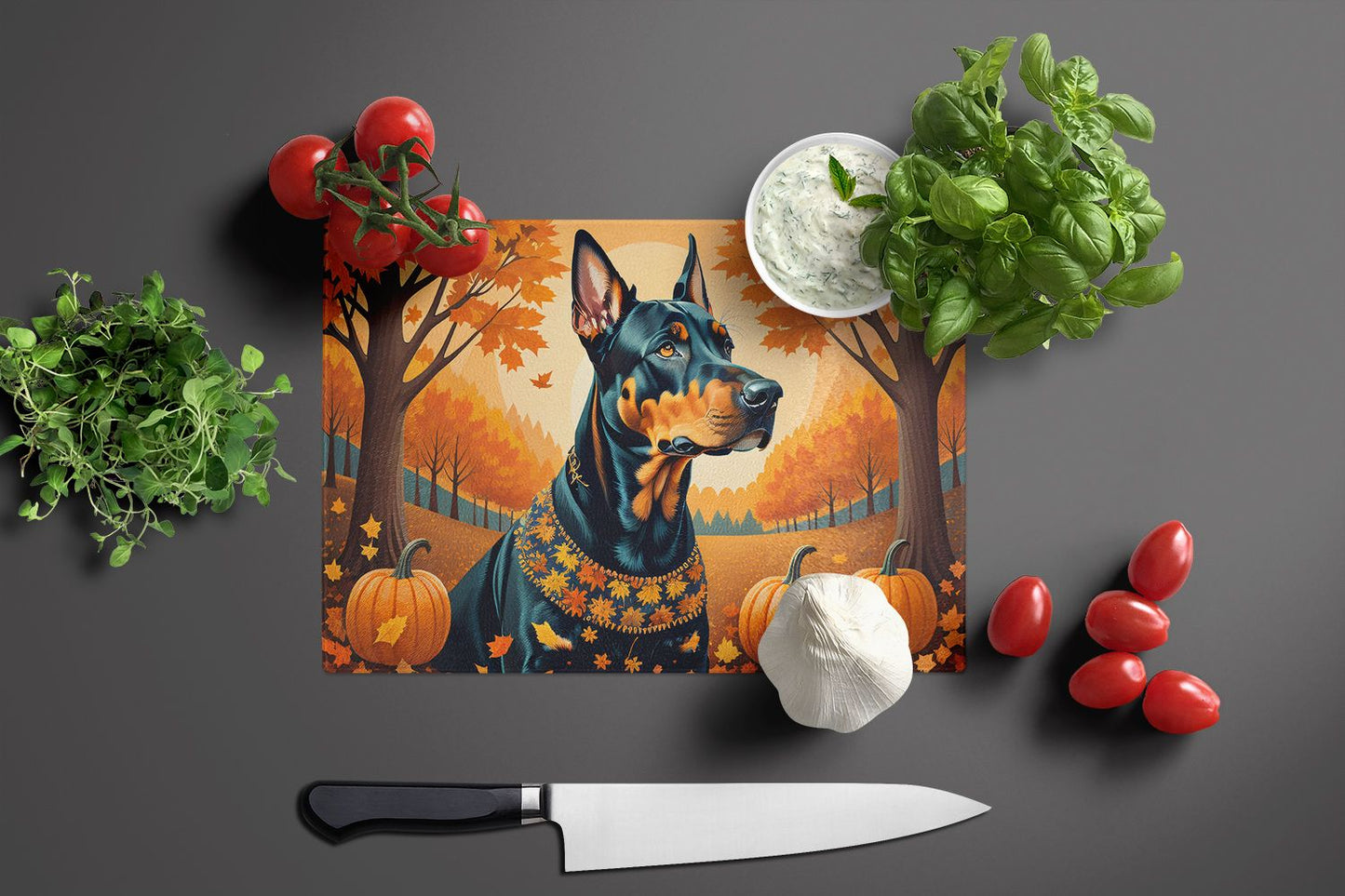 NEW Doberman Pinscher Fall Glass Cutting Board Decorative Tempered Glass Kitchen Cutting and Serving Board Large Size Chopping Board