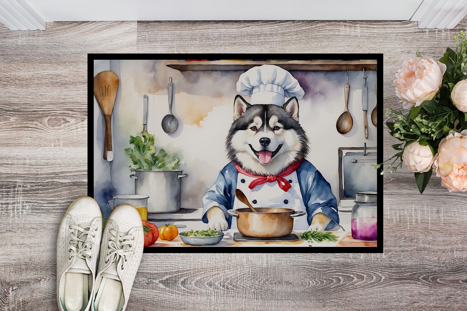 Alaskan Malamute The Chef Doormat Front Door Mat Indoor Outdoor Rugs for Entryway, Non Slip Washable Low Pile, 24H X 36W