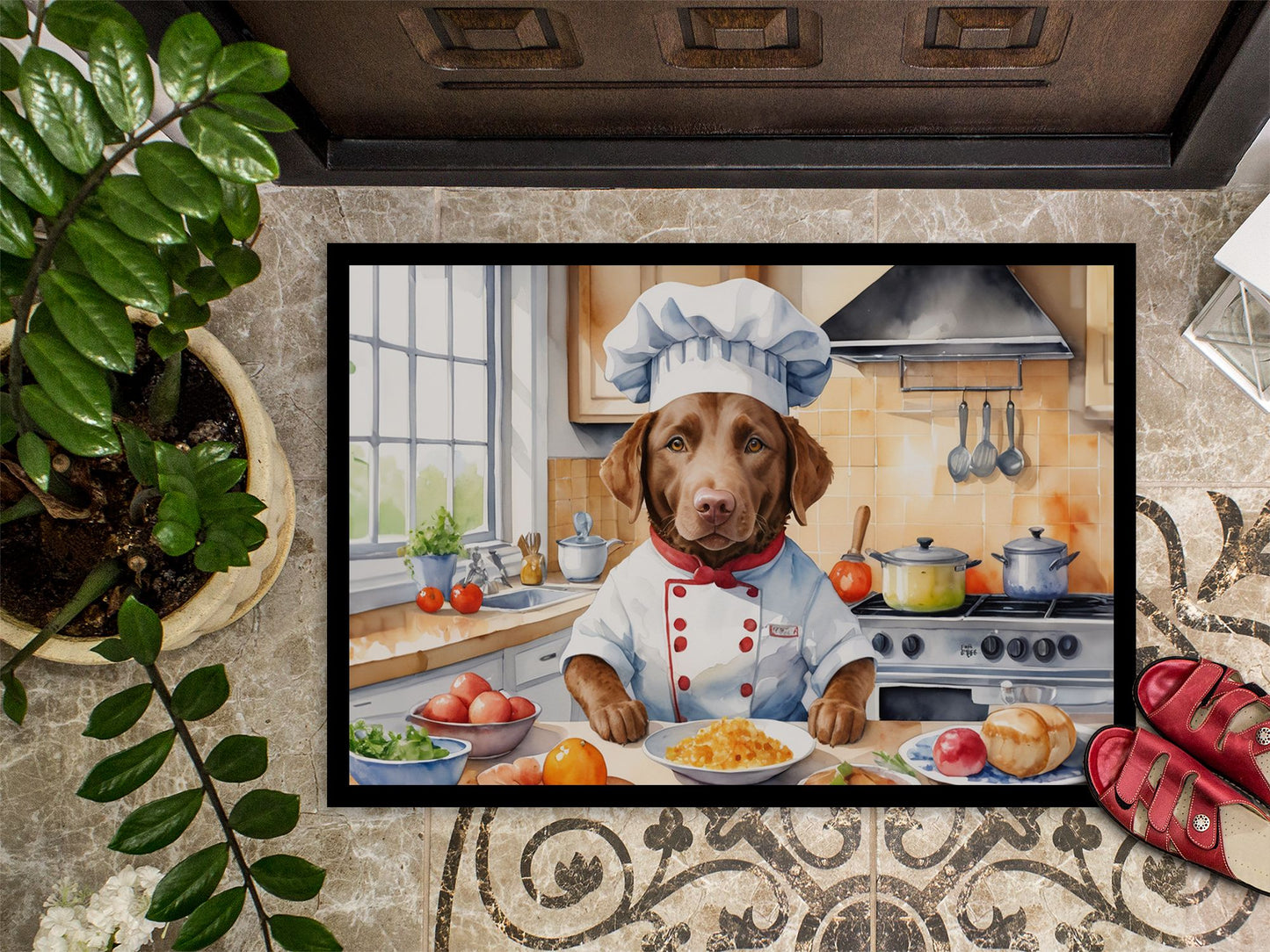 Chesapeake Bay Retriever The Chef Doormat Front Door Mat Indoor Outdoor Rugs for Entryway, Non Slip Washable Low Pile, 24H X 36W