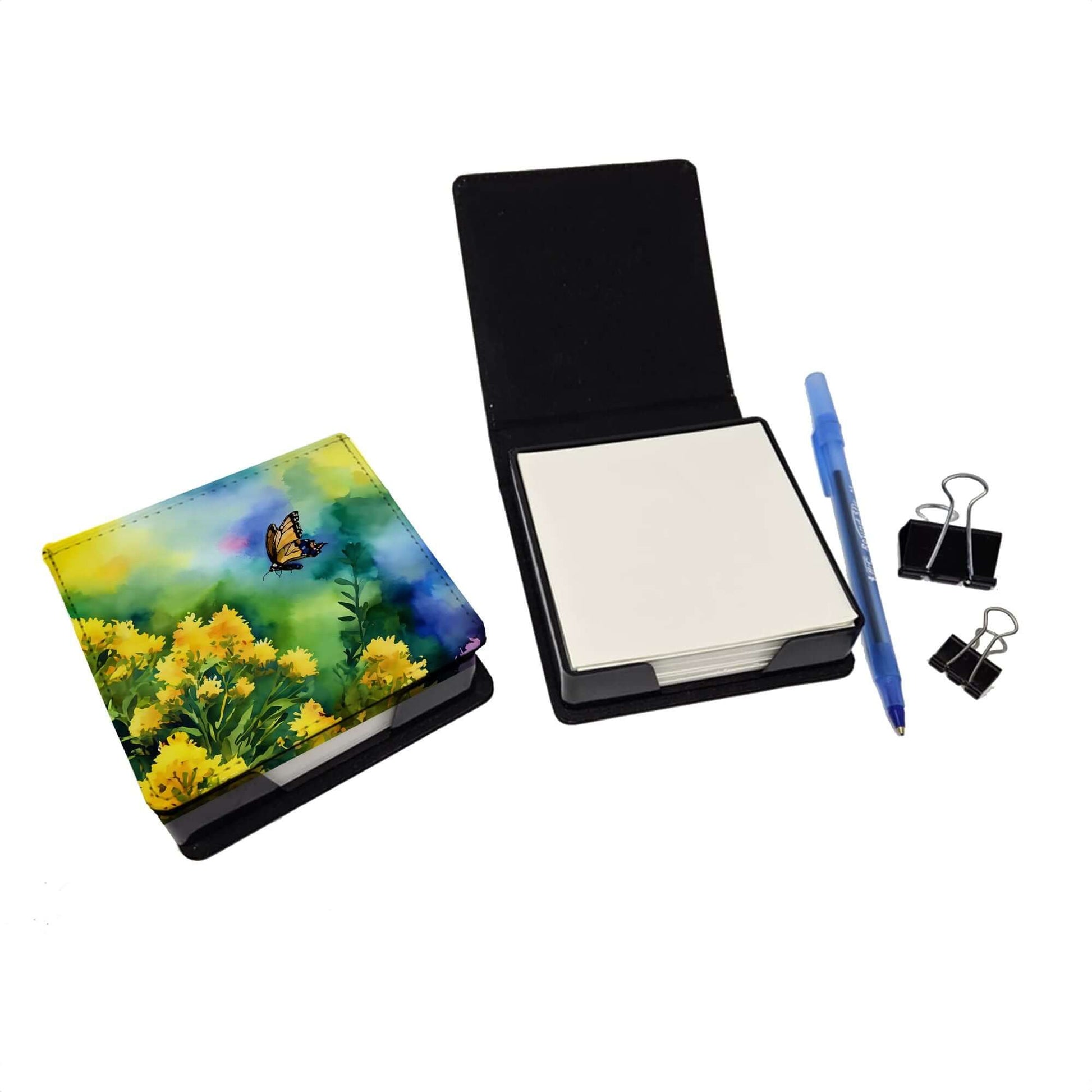 Kentucky Goldenrod in Watercolor PU Leather Note Paper Holder with Artist-Designed Cover, Desk Accessory, Office Gift