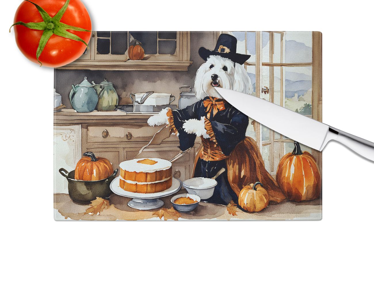 NEW Coton De Tulear Fall Kitchen Pumpkins Glass Cutting Board Decorative Tempered Glass Kitchen Cutting and Serving Board Large Size Chopping Board