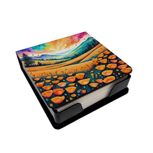 Colorful California poppies PU Leather Note Paper Holder with Artist-Designed Cover, Desk Accessory, Office Gift