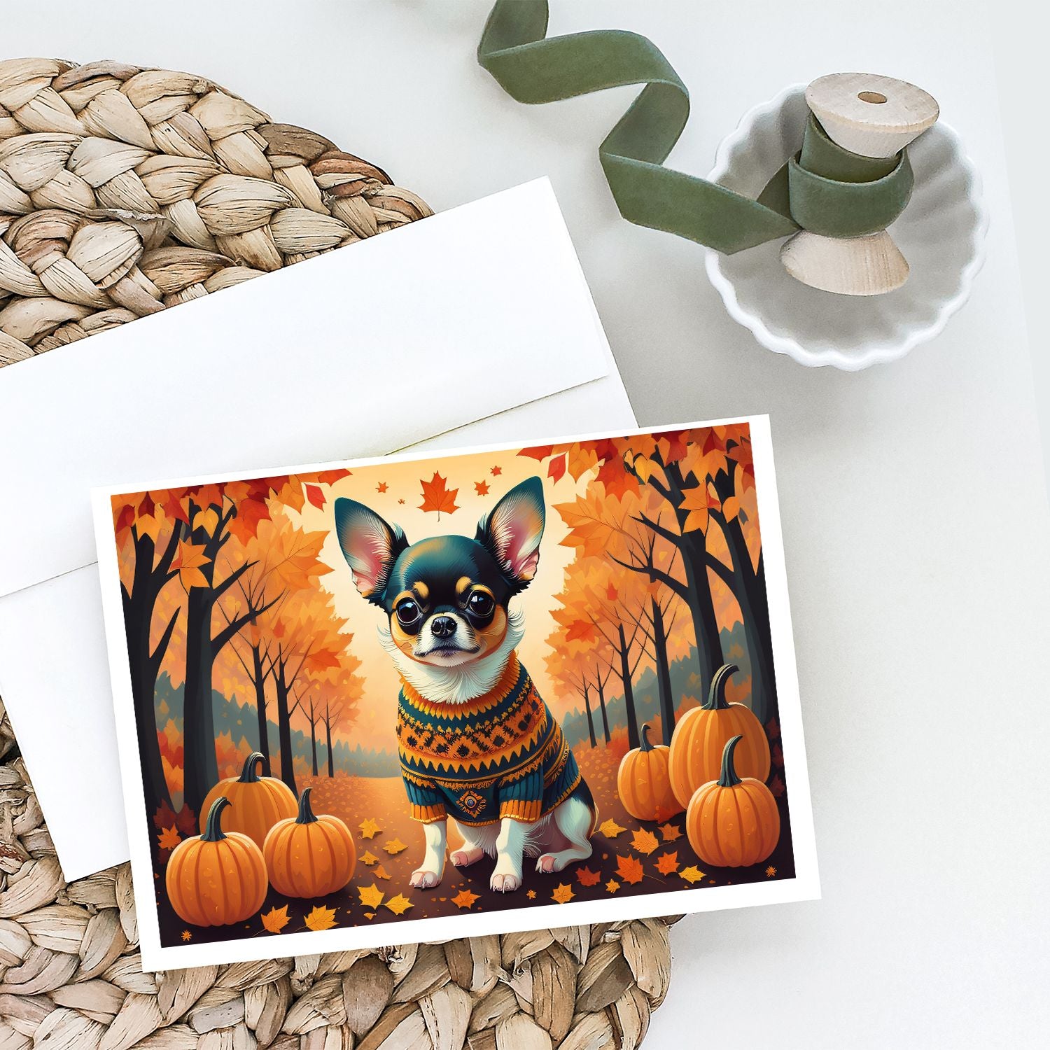 Tricolor Chihuahua Fall Greeting Cards Pack of 8 Blank Cards with Envelopes Whimsical A7 Size 5x7 Blank Note Cards