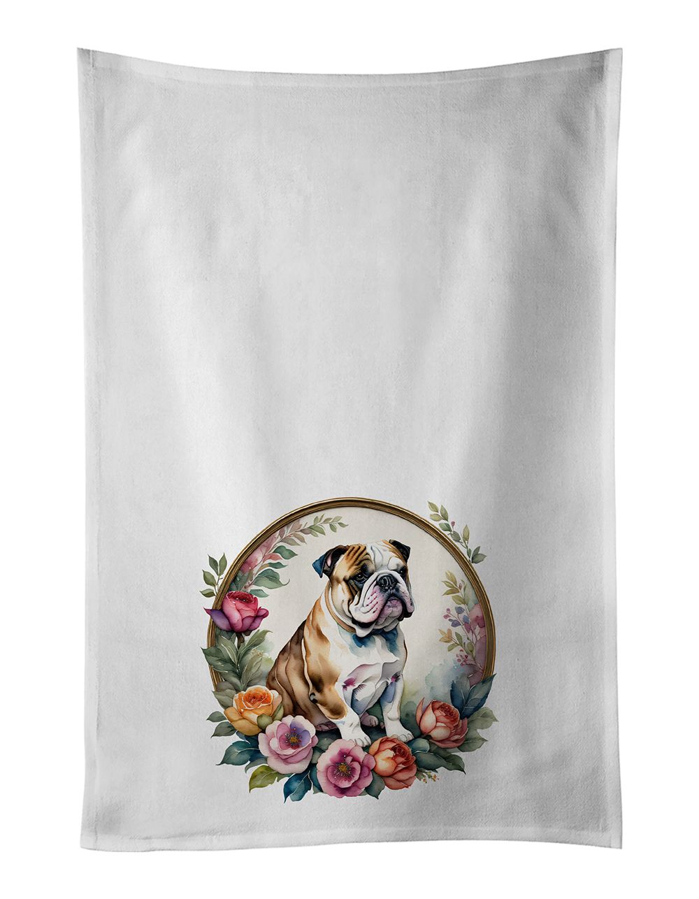 English Bulldog and Flowers Kitchen Towel Set of 2 White Dish Towels Decorative Bathroom Hand towel for Hand, Face, Hair, Yoga, Tea, Dishcloth, 19 X 28", White