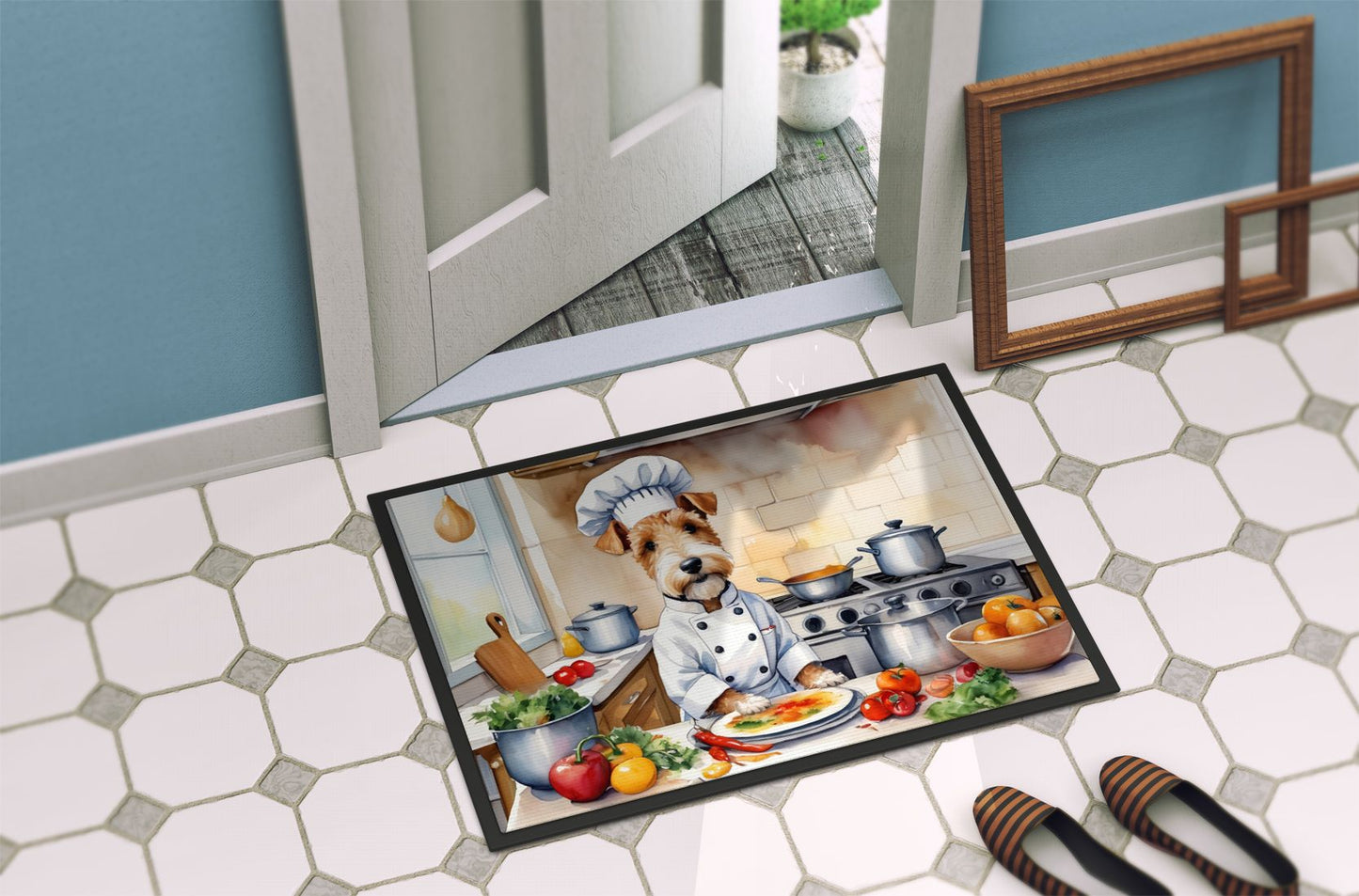 Fox Terrier The Chef Doormat Front Door Mat Indoor Outdoor Rugs for Entryway, Non Slip Washable Low Pile, 24H X 36W