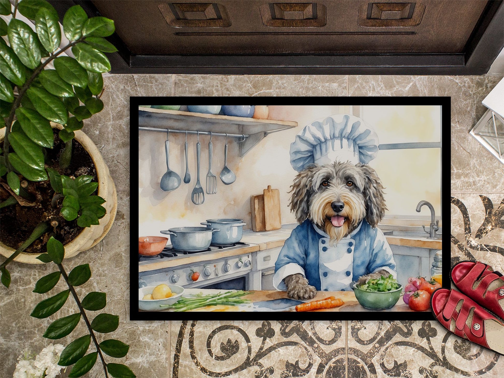 Bergamasco Sheepdog The Chef Doormat Front Door Mat Indoor Outdoor Rugs for Entryway, Non Slip Washable Low Pile, 24H X 36W