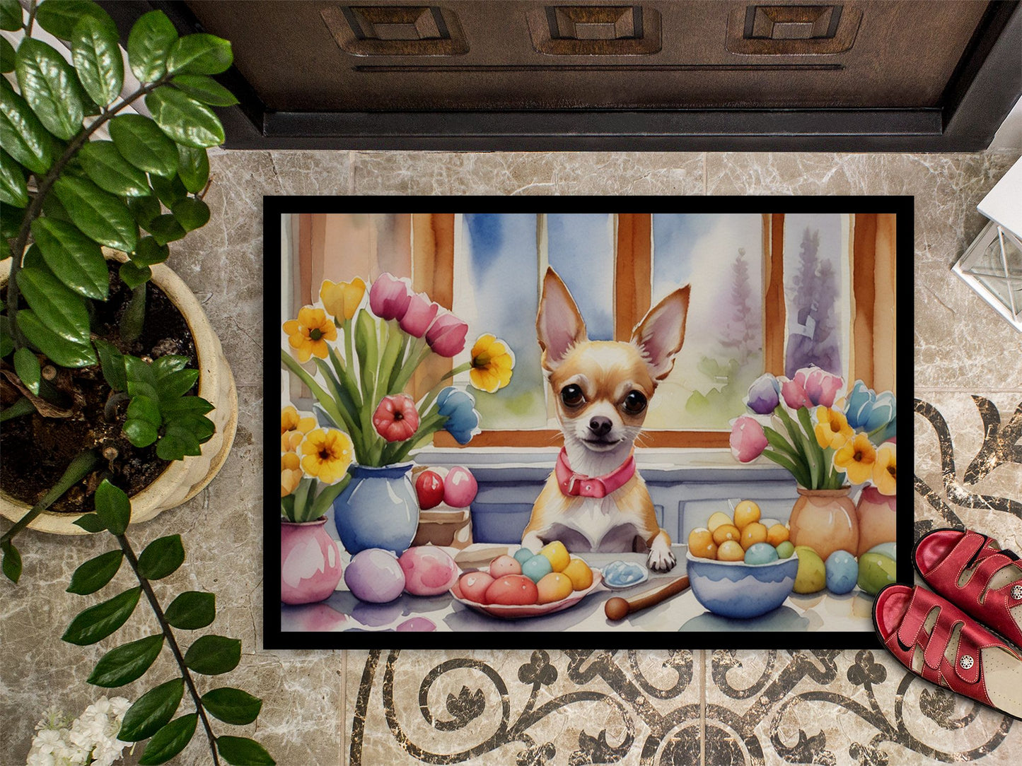 Decorating Easter Chihuahua Doormat Front Door Mat Indoor Outdoor Rugs for Entryway, Non Slip Washable Low Pile, 24H X 36W