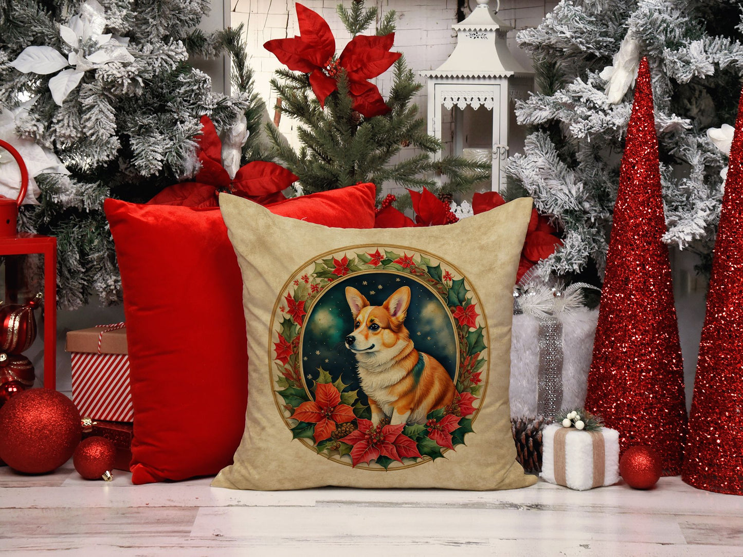 Corgi Christmas Flowers Throw Pillow Machine Washable, Indoor Outdoor Decorative Pillow for Couch, Bed or Patio, 14Hx14W