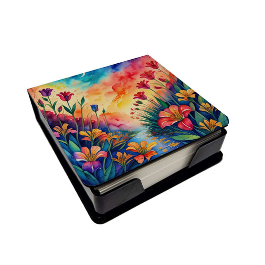 Colorful Alstroemerias PU Leather Note Paper Holder with Artist-Designed Cover, Desk Accessory, Office Gift