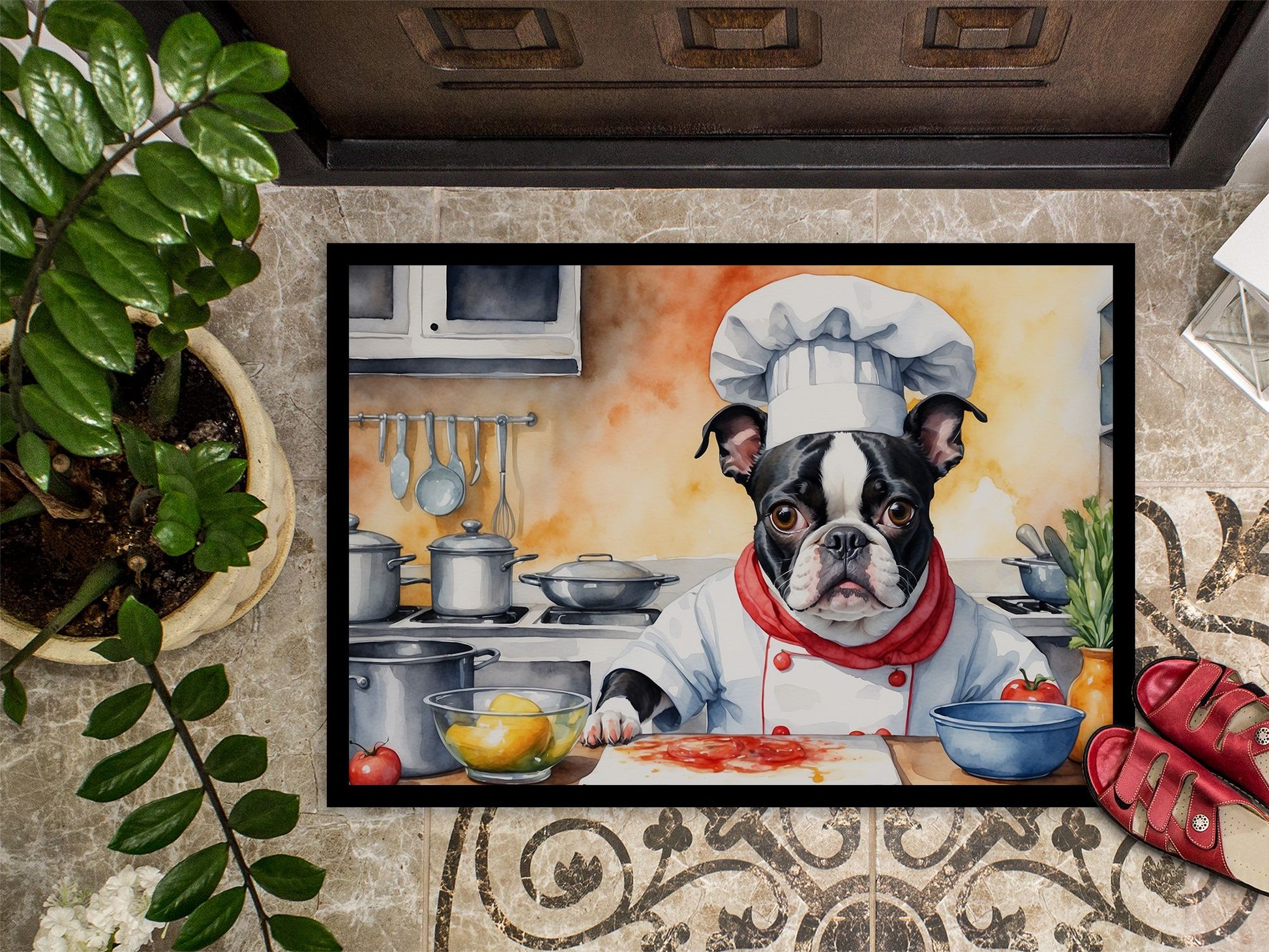 NEW Boston Terrier The Chef Doormat Front Door Mat Indoor Outdoor Rugs for Entryway, Non Slip Washable Low Pile, 18H X 27W