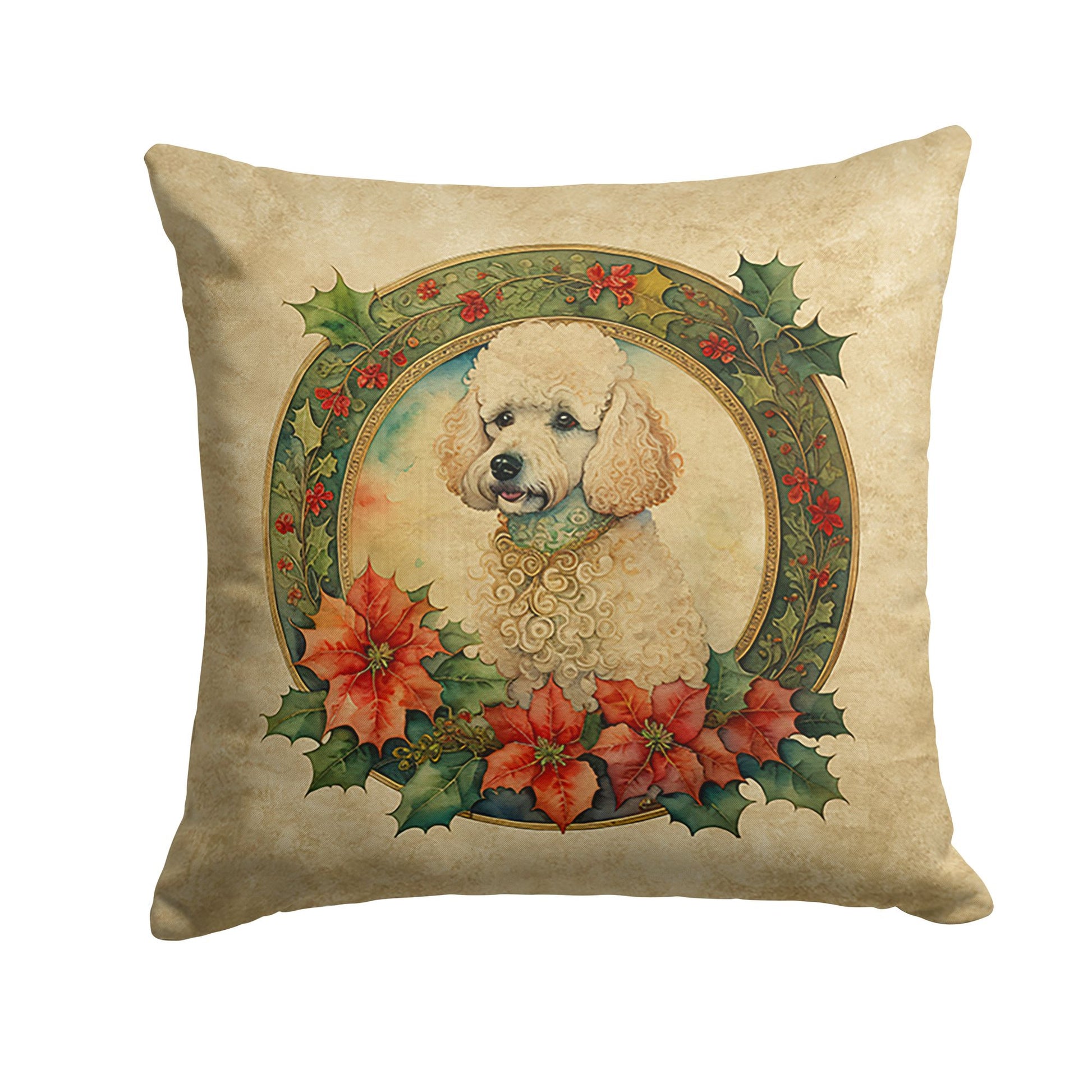 Poodle Christmas Flowers Throw Pillow Machine Washable, Indoor Outdoor Decorative Pillow for Couch, Bed or Patio, 14Hx14W