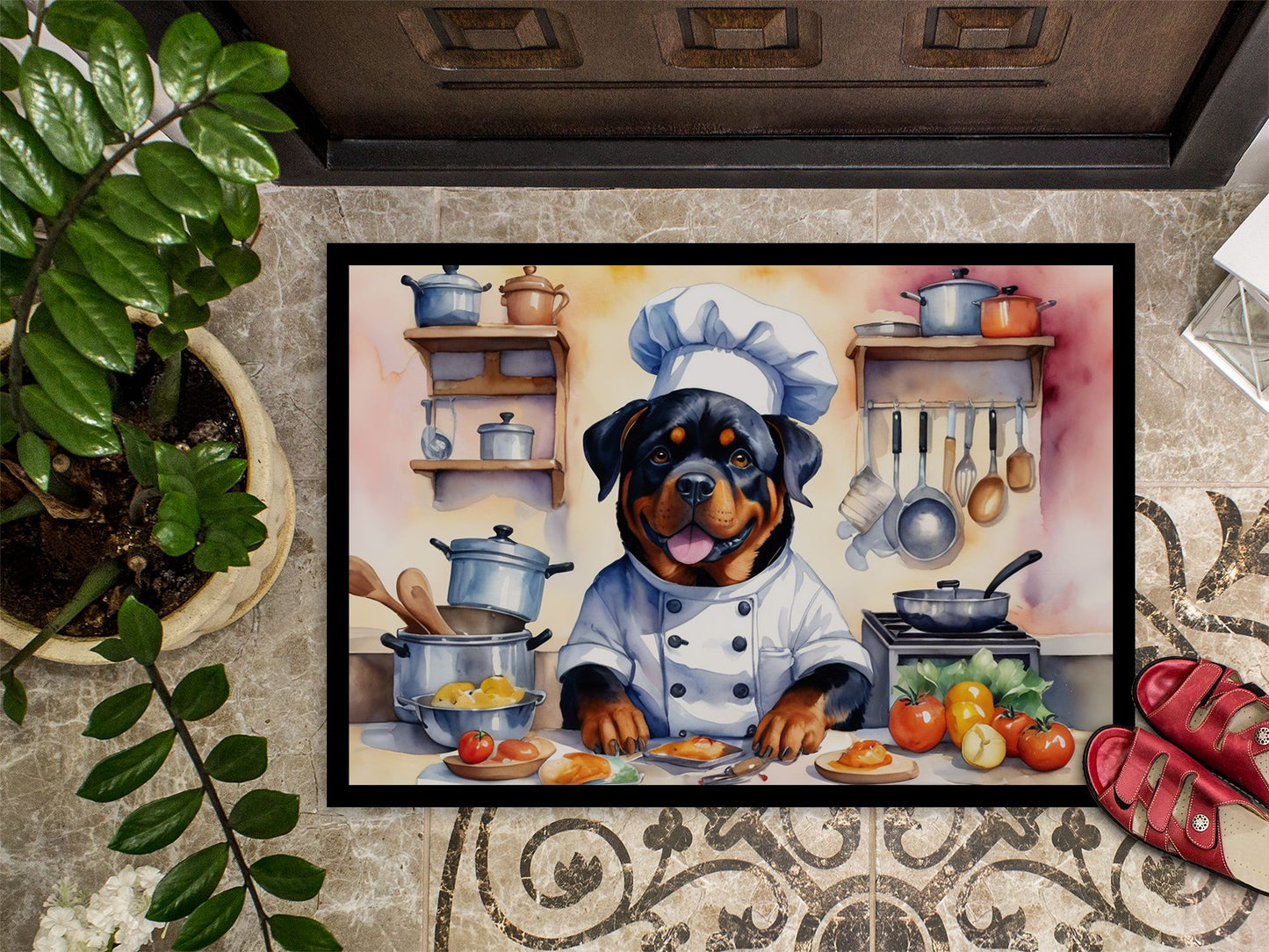 Rottweiler The Chef Doormat Front Door Mat Indoor Outdoor Rugs for Entryway, Non Slip Washable Low Pile, 24H X 36W
