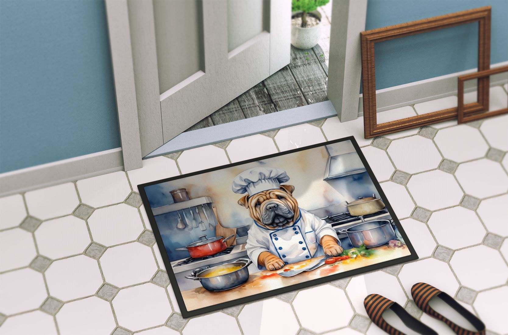 NEW Shar Pei The Chef Doormat Front Door Mat Indoor Outdoor Rugs for Entryway, Non Slip Washable Low Pile, 18H X 27W