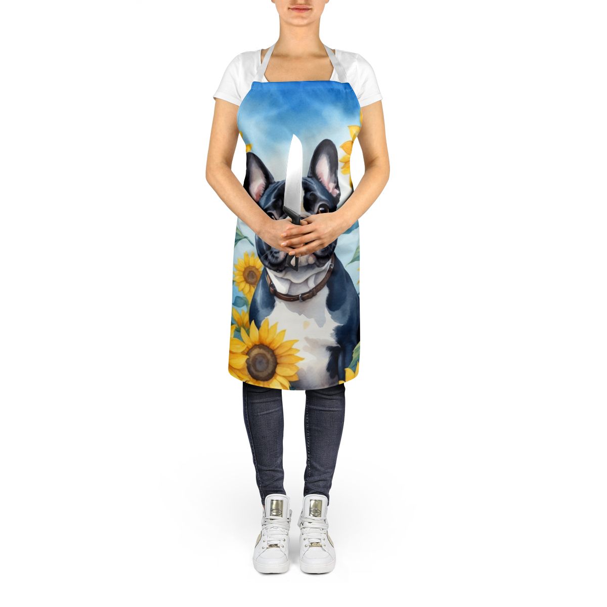 French Bulldog in Sunflowers Apron Cooking Kitchen Server Baking Crafts Gardening for Adult Women Men, Unisex, Large, Multicolor
