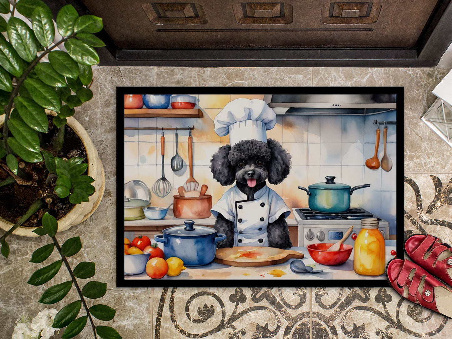 Black Poodle The Chef Doormat Front Door Mat Indoor Outdoor Rugs for Entryway, Non Slip Washable Low Pile, 24H X 36W