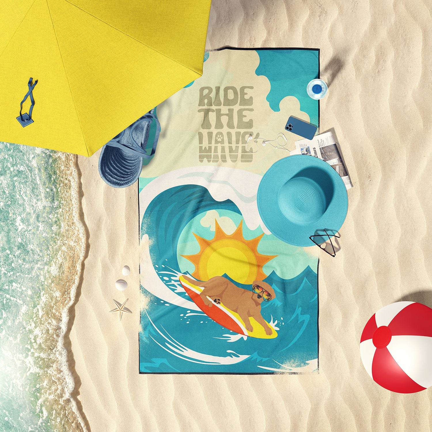 Surfer Dog Red Fox Labrador Retriever Premium Beach Towel Oversized Towel Beach Blanket, Pool, Beach Essentials, Yoga, Premium Bath Towel, Quick Dry Plush