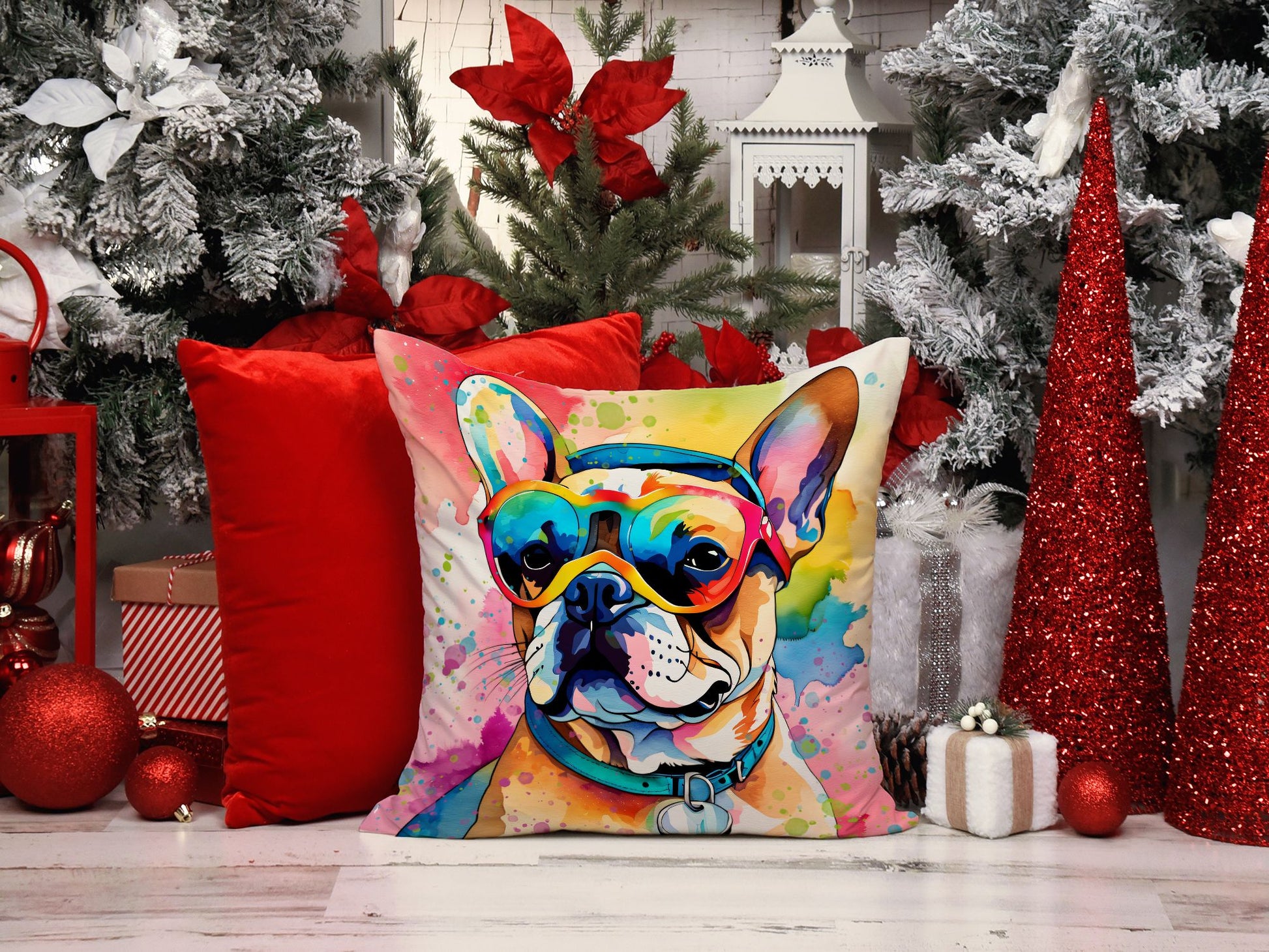 French Bulldog Hippie Dawg Throw Pillow Machine Washable, Indoor Outdoor Decorative Pillow for Couch, Bed or Patio, 14Hx14W