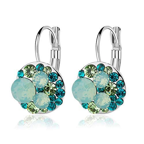 Multicolored Austrian Crystal Leverback Earrings for Women 14K Gold Plated Dangle Hoop Earrings Hypoallergenic Jewelry