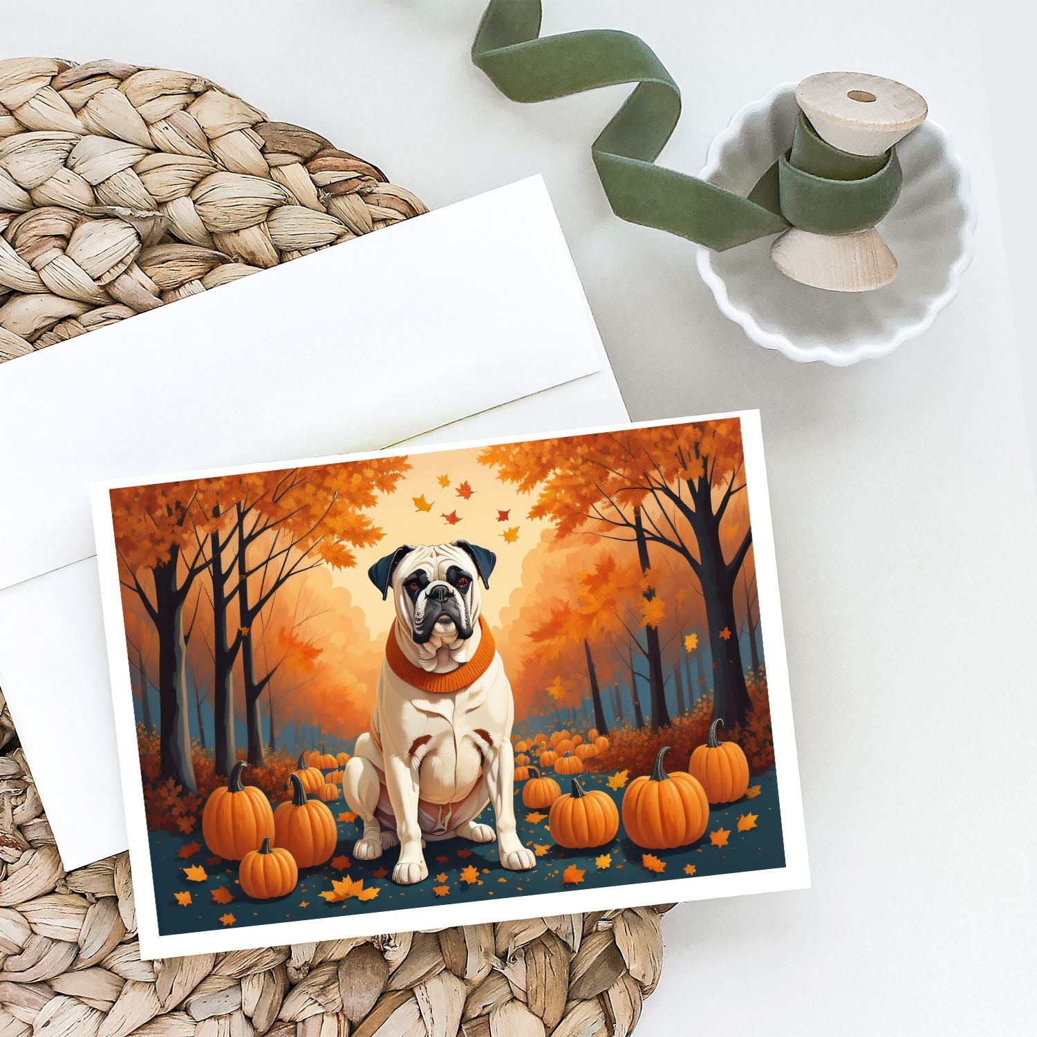 White Boxer Fall Greeting Cards Pack of 8 Blank Cards with Envelopes Whimsical A7 Size 5x7 Blank Note Cards