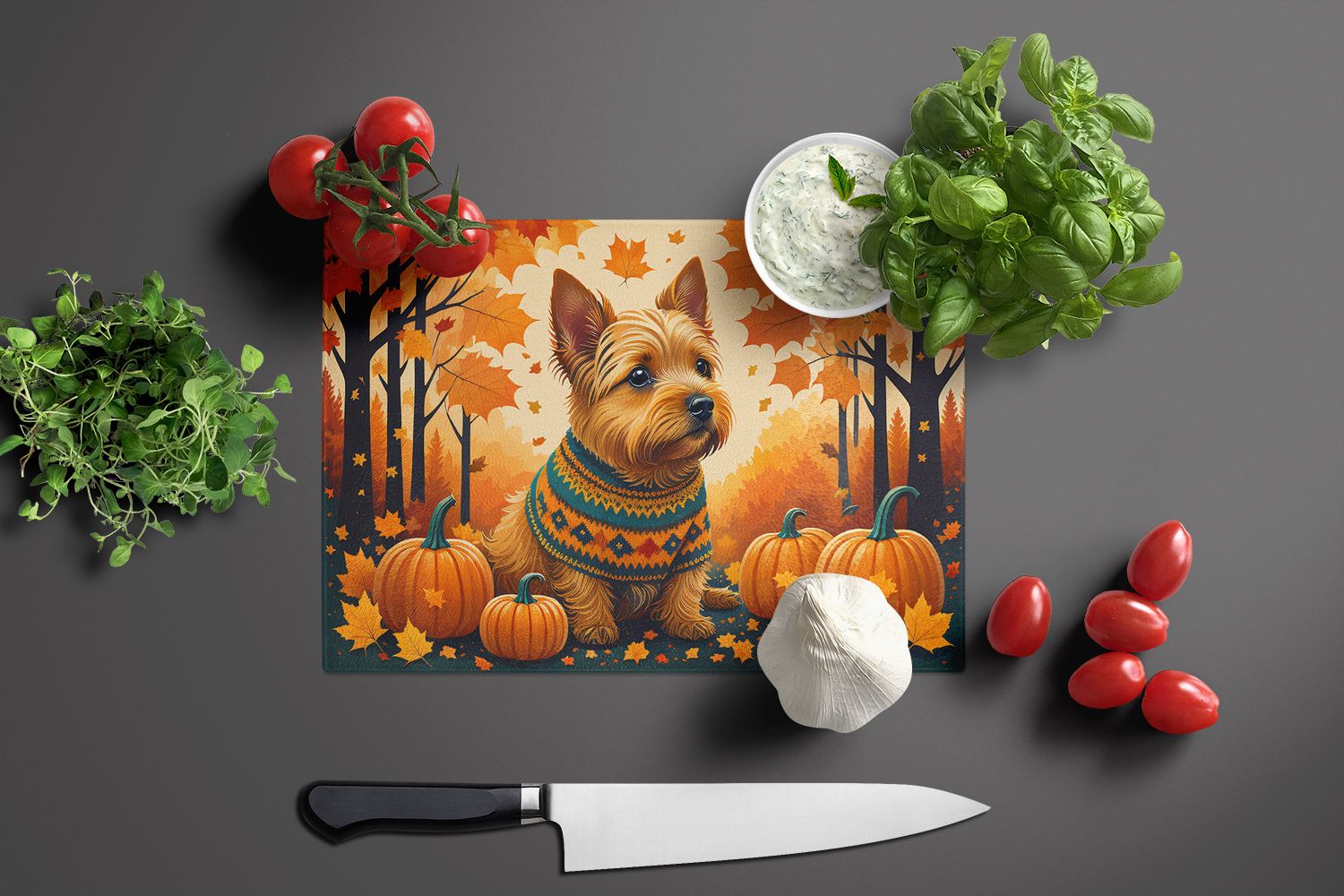 NEW Norwich Terrier Fall Glass Cutting Board Decorative Tempered Glass Kitchen Cutting and Serving Board Large Size Chopping Board