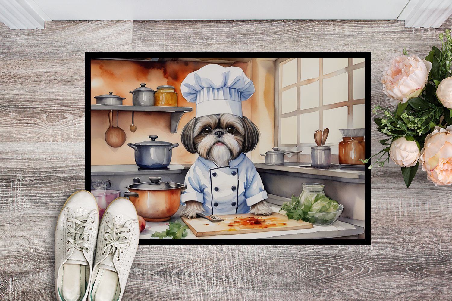 Shih Tzu The Chef Doormat Front Door Mat Indoor Outdoor Rugs for Entryway, Non Slip Washable Low Pile, 24H X 36W