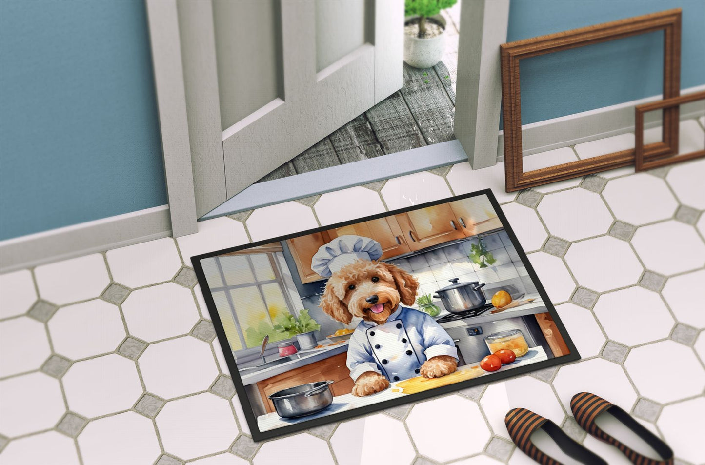 Goldendoodle The Chef Doormat Front Door Mat Indoor Outdoor Rugs for Entryway, Non Slip Washable Low Pile, 24H X 36W