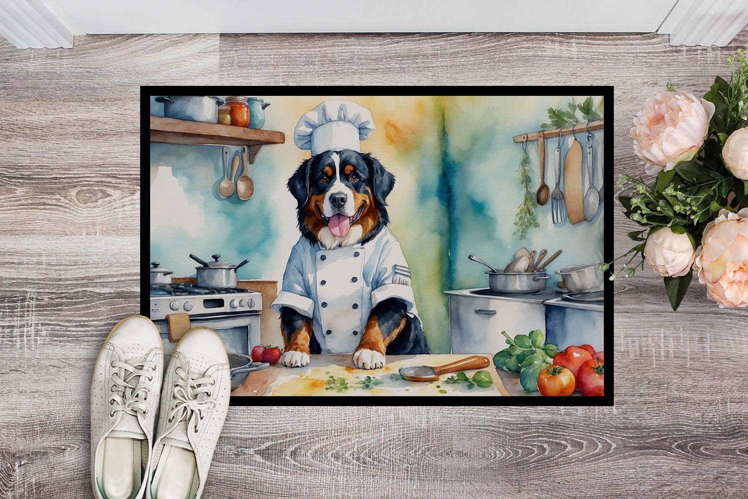 Bernese Mountain Dog The Chef Doormat Front Door Mat Indoor Outdoor Rugs for Entryway, Non Slip Washable Low Pile, 24H X 36W