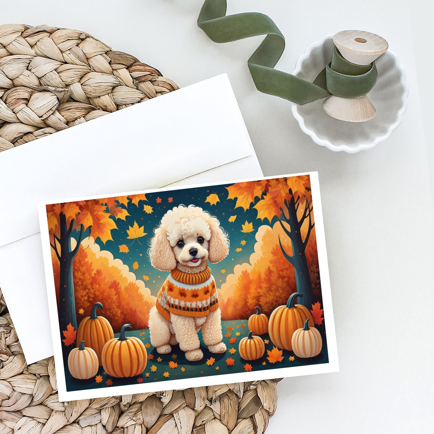 Poodle Fall Greeting Cards Pack of 8 Blank Cards with Envelopes Whimsical A7 Size 5x7 Blank Note Cards