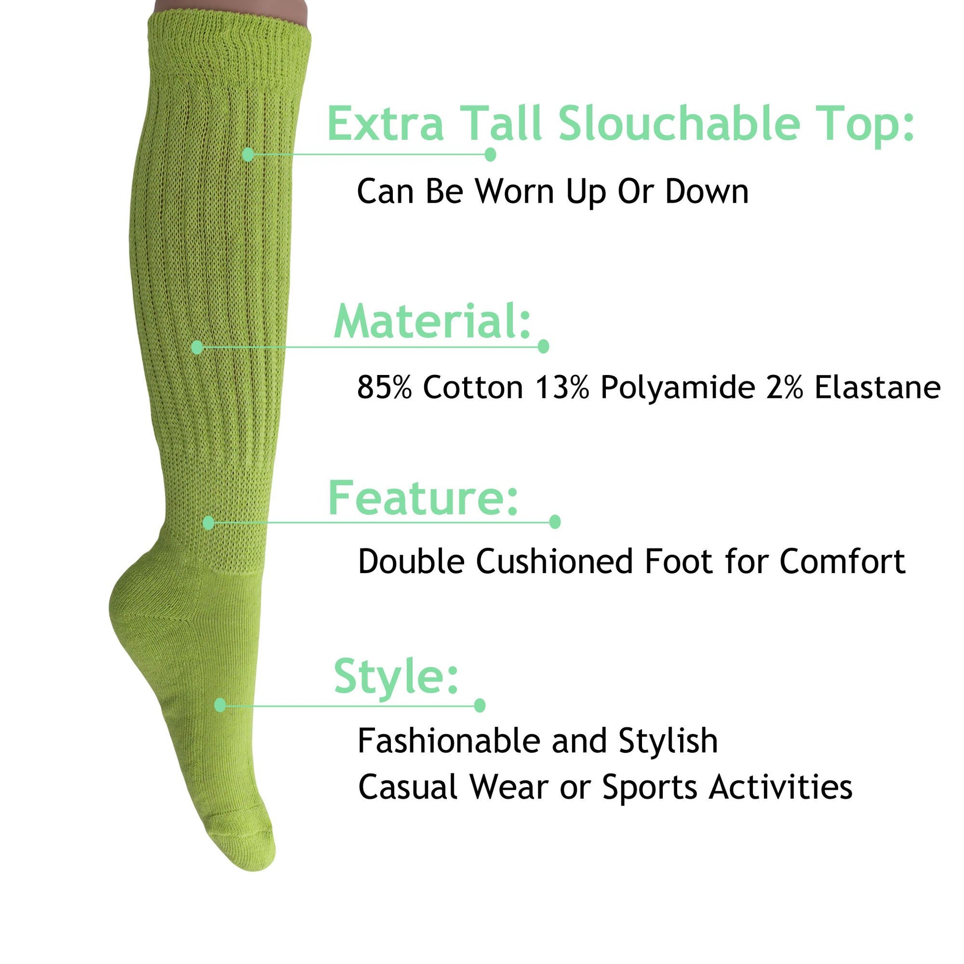 Women's Extra Long Slouch Scrunch Socks Knee High, Cotton Blend, Pack of 2, Fits Shoe Sizes 5-10, 80s Style, 28 Colors
