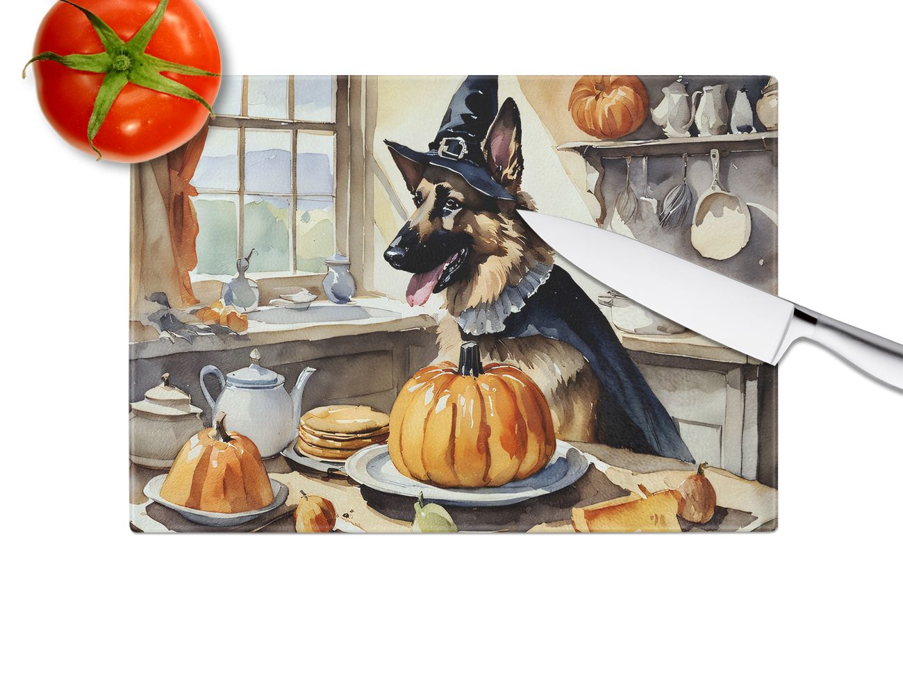 NEW German Shepherd Fall Kitchen Pumpkins Glass Cutting Board Decorative Tempered Glass Kitchen Cutting and Serving Board Large Size Chopping Board