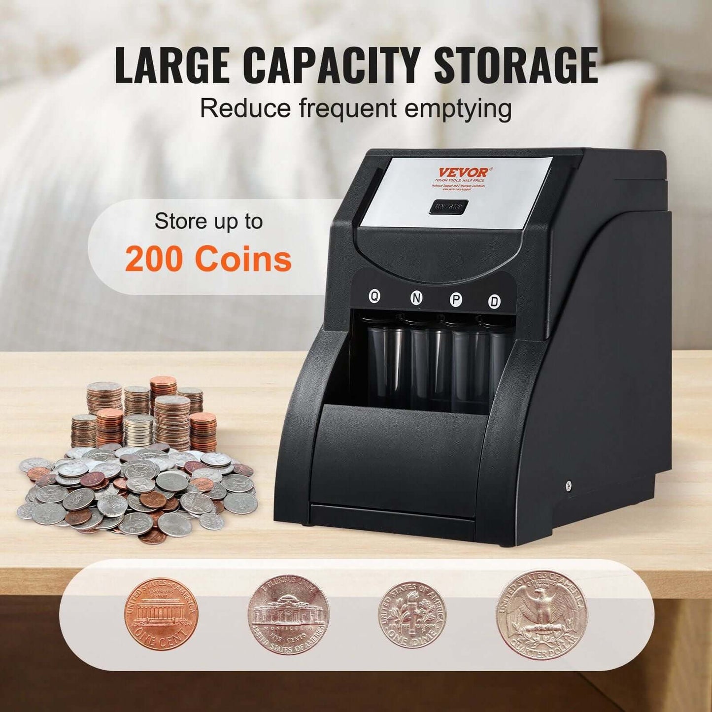 VEVOR USD Coin Sorter, Coin Sorter Machine for USD Coin 1¢ 5¢ 10¢ 25¢, Sorts up to 230 Coins/min, Coin Sorter and Wrapper Machine Holds 200 Coins Included 4 Coin Tubes, Black