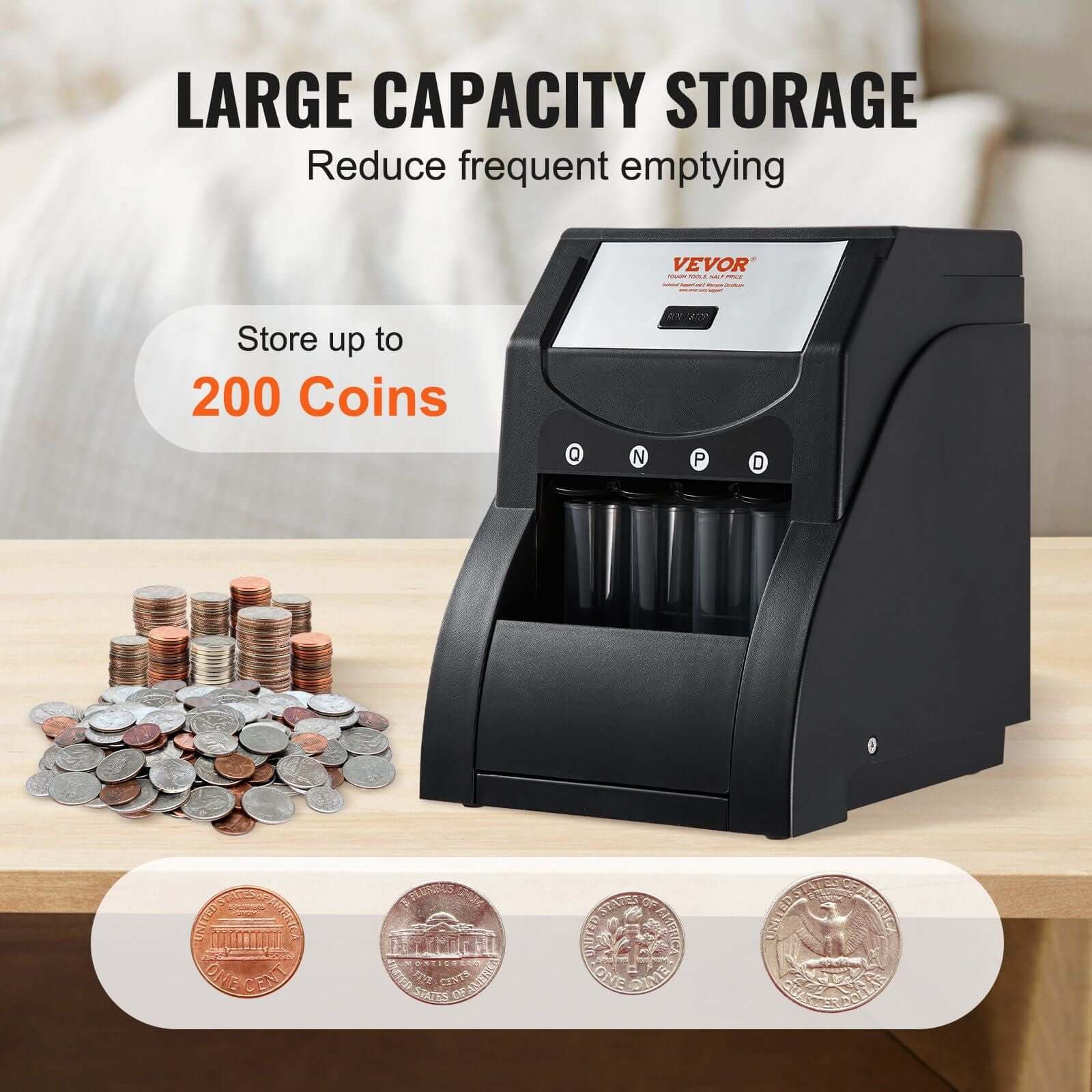 VEVOR USD Coin Sorter, Coin Sorter Machine for USD Coin 1¢ 5¢ 10¢ 25¢, Sorts up to 230 Coins/min, Coin Sorter and Wrapper Machine Holds 200 Coins Included 4 Coin Tubes, Black