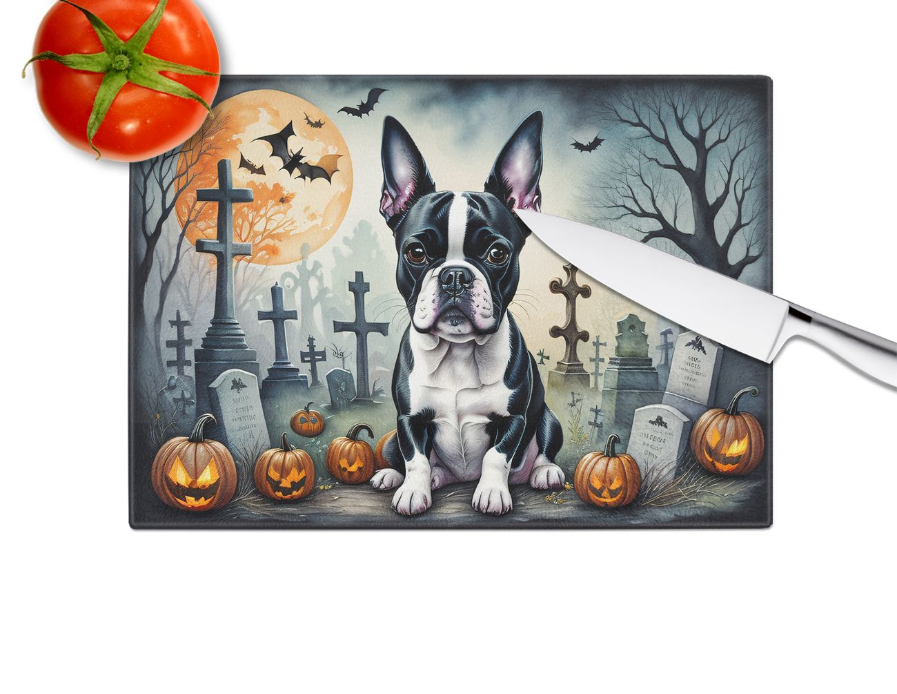 NEW Boston Terrier Spooky Halloween Glass Cutting Board Decorative Tempered Glass Kitchen Cutting and Serving Board Large Size Chopping Board