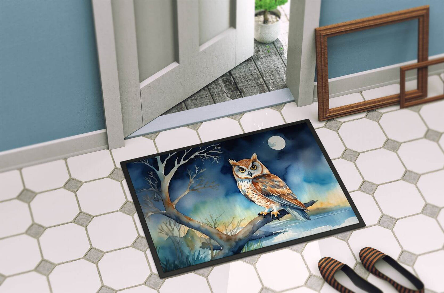 Owl Perched in Coastal Tree Doormat Front Door Mat Indoor Outdoor Rugs for Entryway, Non Slip Washable Low Pile, 24H X 36W