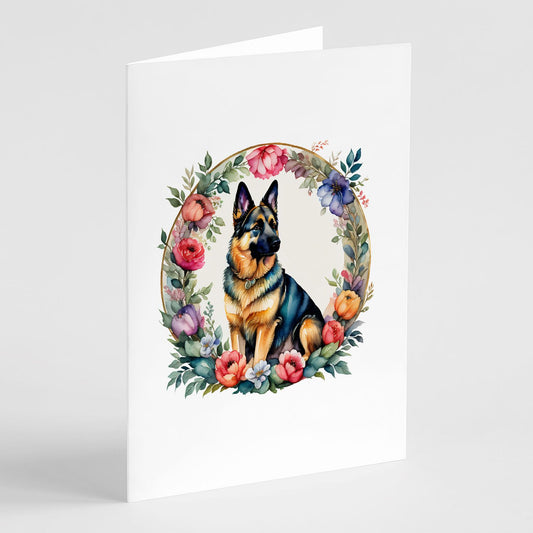German Shepherd and Flowers Greeting Cards Pack of 8 Blank Cards with Envelopes Whimsical A7 Size 5x7 Blank Note Cards