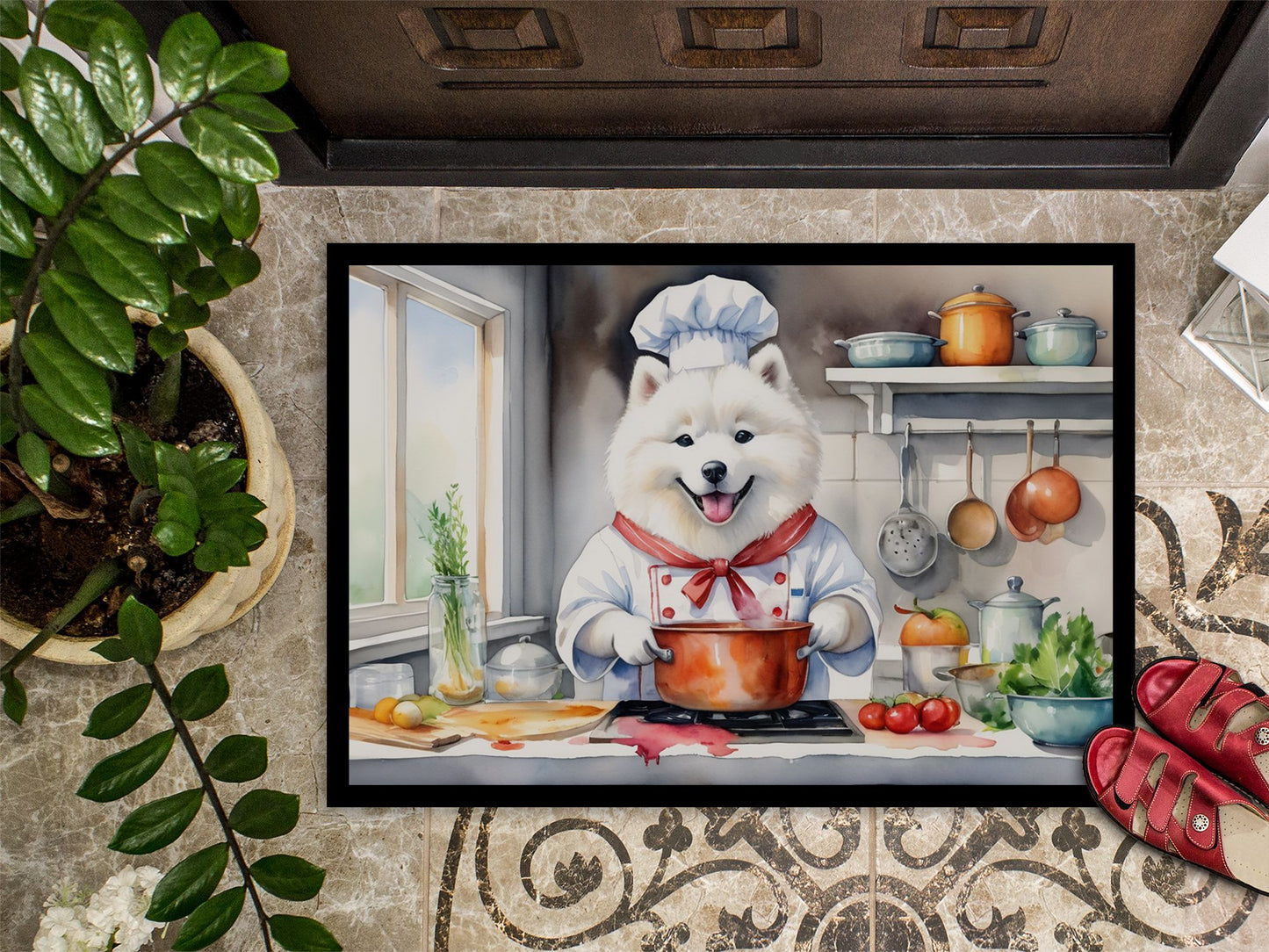 NEW Samoyed The Chef Doormat Front Door Mat Indoor Outdoor Rugs for Entryway, Non Slip Washable Low Pile, 18H X 27W