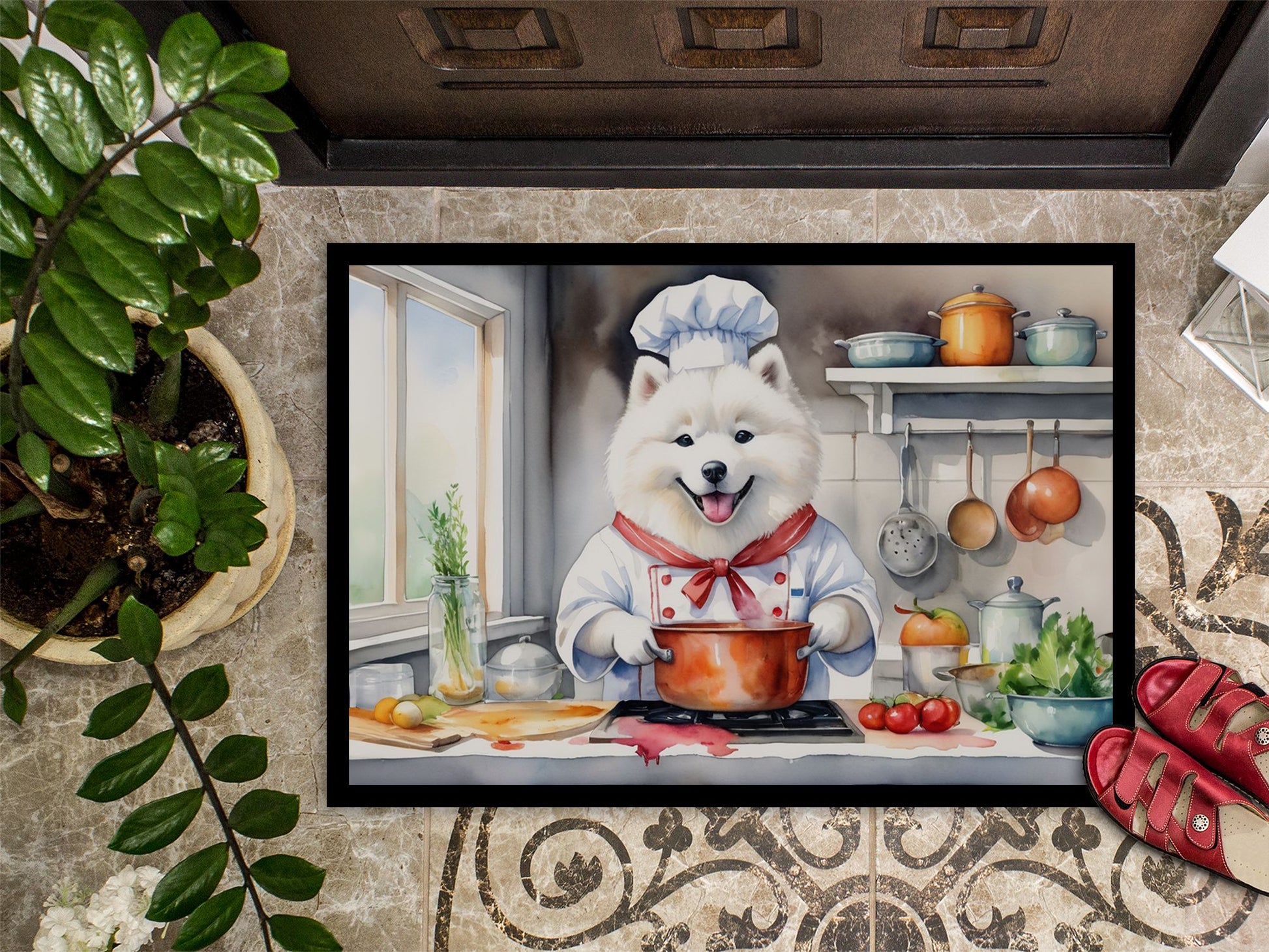 NEW Samoyed The Chef Doormat Front Door Mat Indoor Outdoor Rugs for Entryway, Non Slip Washable Low Pile, 18H X 27W