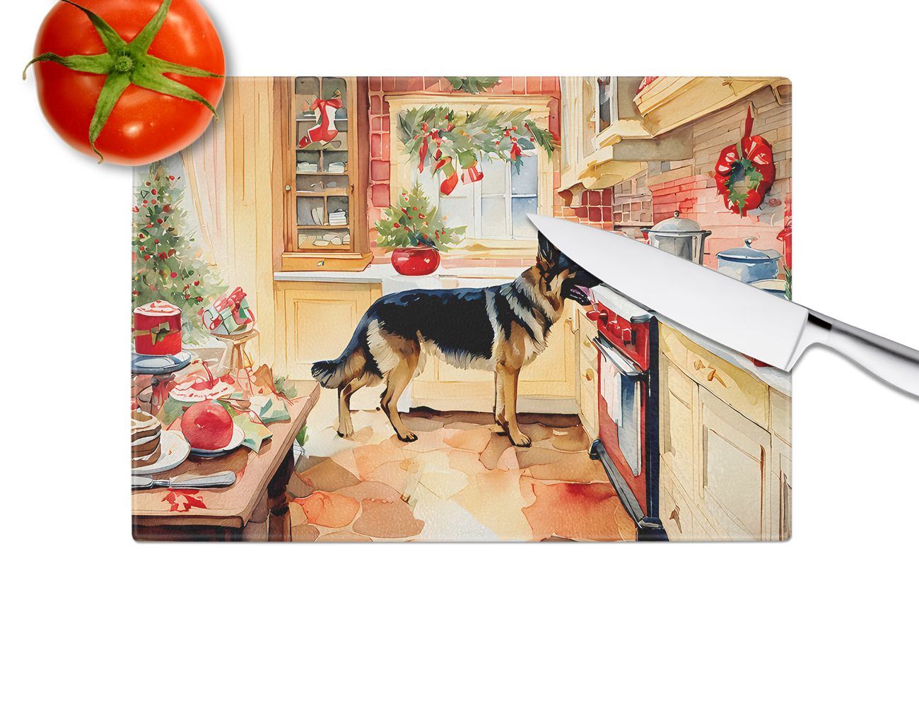 NEW German Shepherd Christmas Cookies Glass Cutting Board Decorative Tempered Glass Kitchen Cutting and Serving Board Large Size Chopping Board