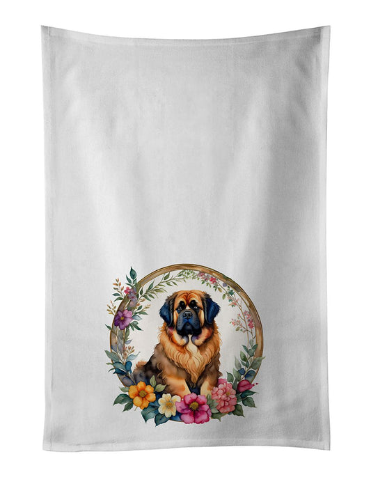 Tibetan Mastiff and Flowers Kitchen Towel Set of 2 White Dish Towels Decorative Bathroom Hand towel for Hand, Face, Hair, Yoga, Tea, Dishcloth, 19 X 28", White