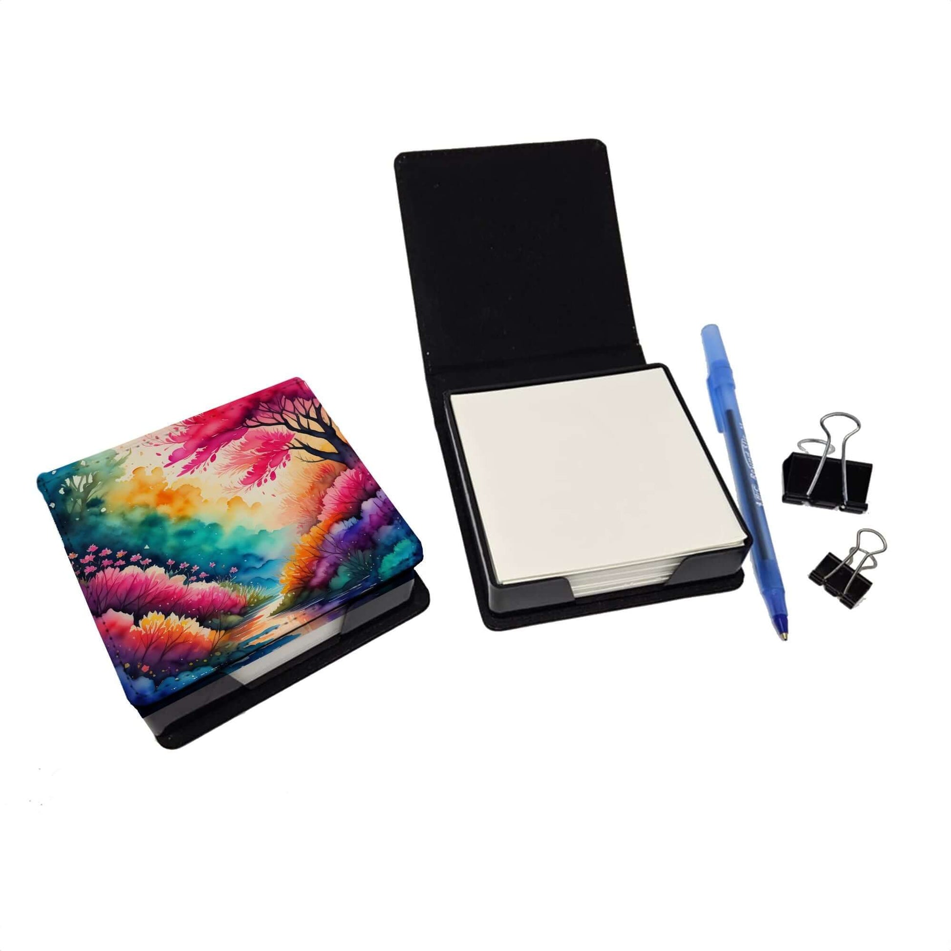 Colorful Azaleas PU Leather Note Paper Holder with Artist-Designed Cover, Desk Accessory, Office Gift