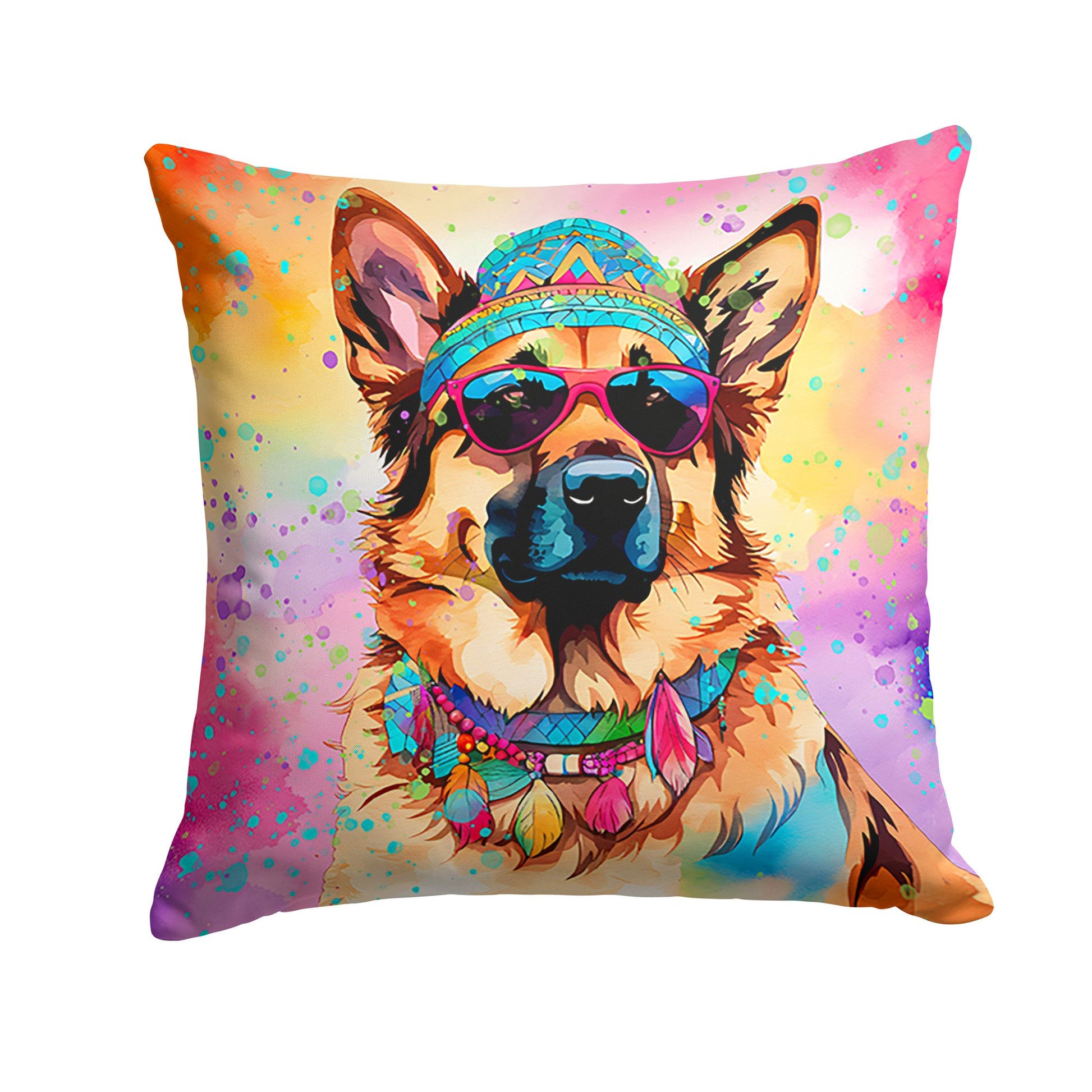 German Shepherd Hippie Dawg Throw Pillow Machine Washable, Indoor Outdoor Decorative Pillow for Couch, Bed or Patio, 14Hx14W