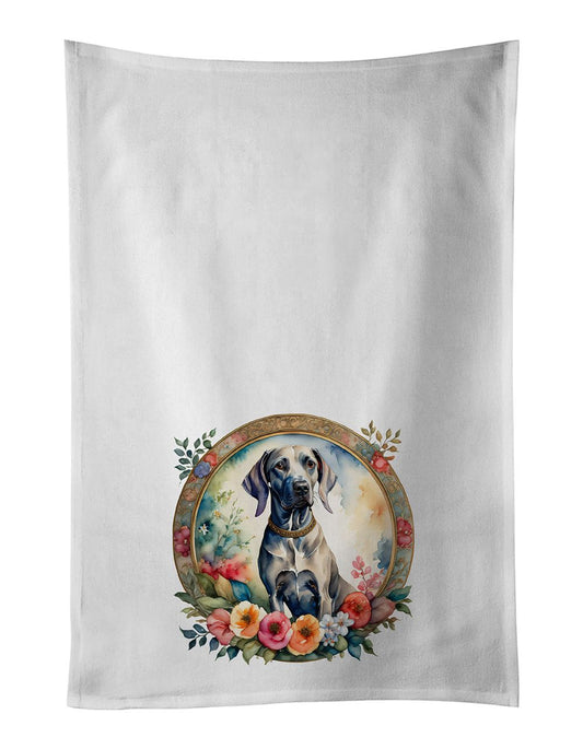 Weimaraner and Flowers Kitchen Towel Set of 2 White Dish Towels Decorative Bathroom Hand towel for Hand, Face, Hair, Yoga, Tea, Dishcloth, 19 X 28", White