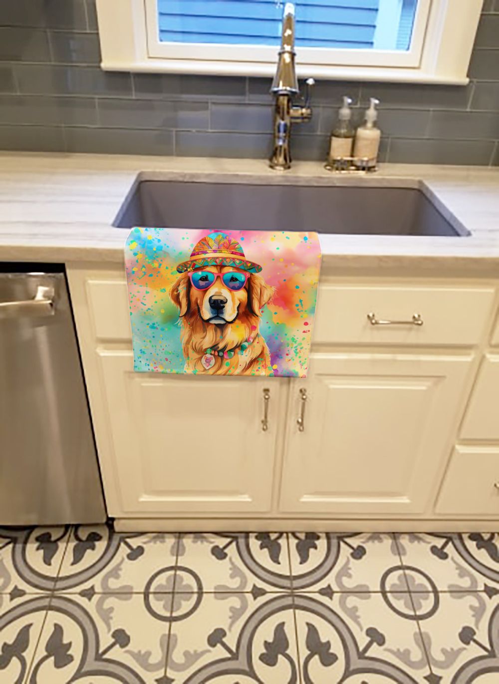 Golden Retriever Hippie Dawg Kitchen Towel Dish Cloths Guest Hand Towel Decorative Bathroom Towel for Face,Tea, Dishcloth, Kitchen and Bath