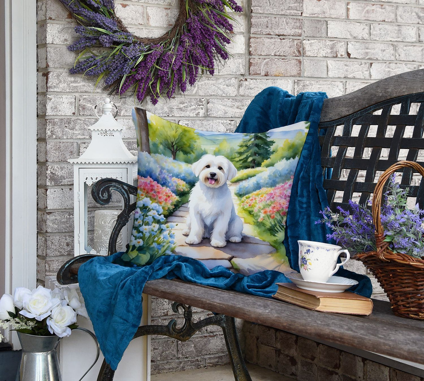 Coton de Tulear Spring Path Throw Pillow Machine Washable, Indoor Outdoor Decorative Pillow for Couch, Bed or Patio, 18Hx18W