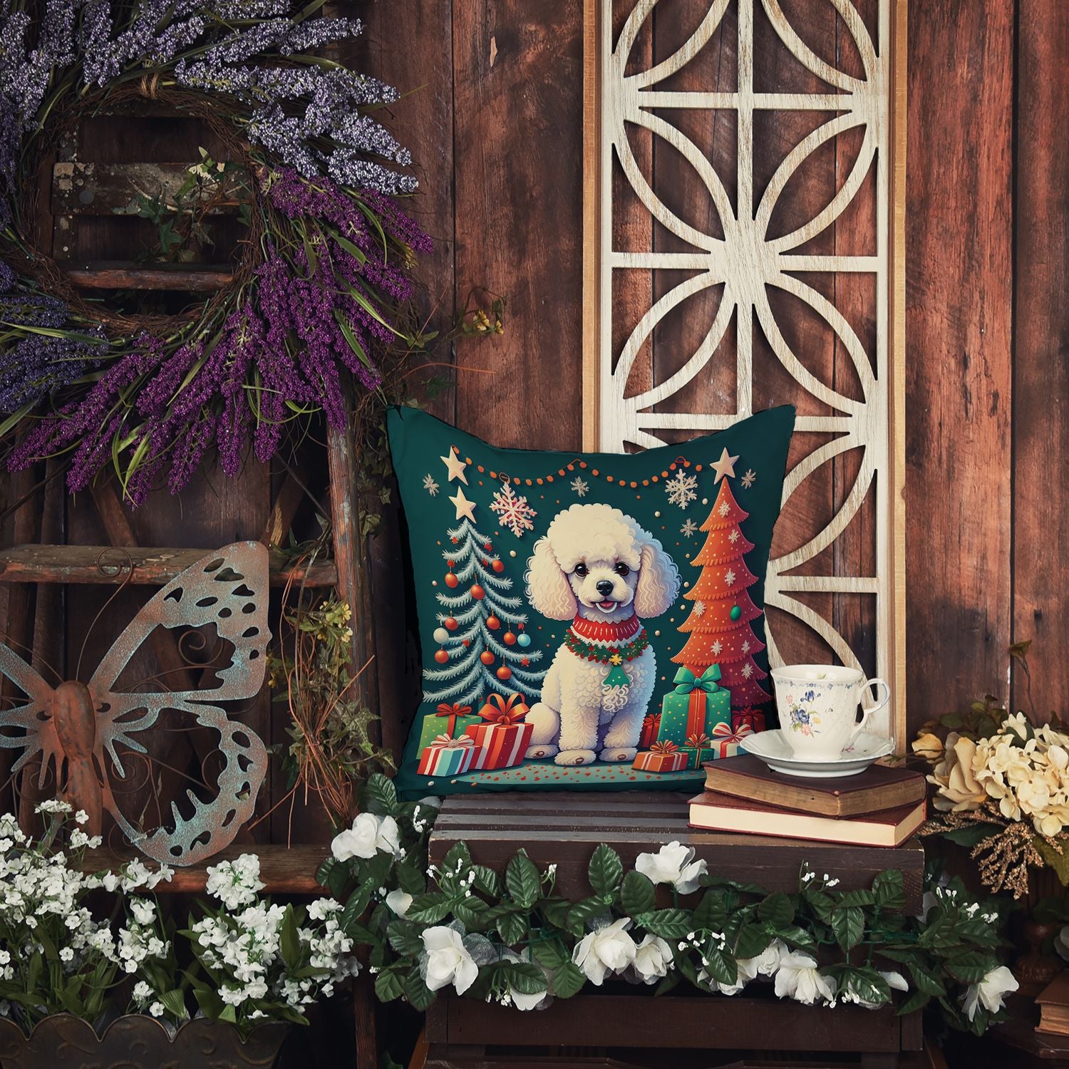 White Toy Poodle Christmas Throw Pillow Machine Washable, Indoor Outdoor Decorative Pillow for Couch, Bed or Patio, 14Hx14W